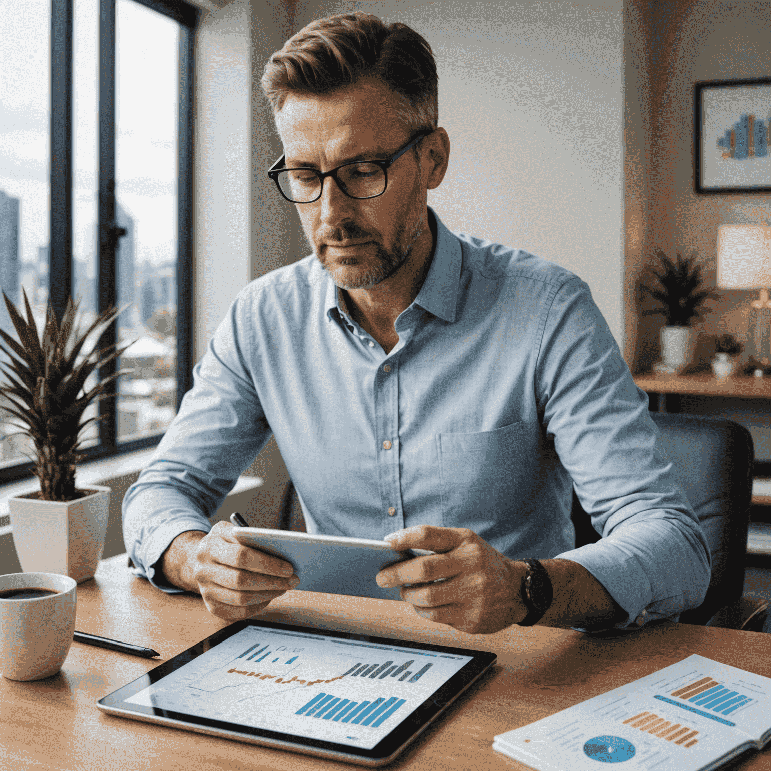 Successful Australian professional reviewing financial charts on a tablet in a modern home office setting, symbolizing smart investing and financial growth