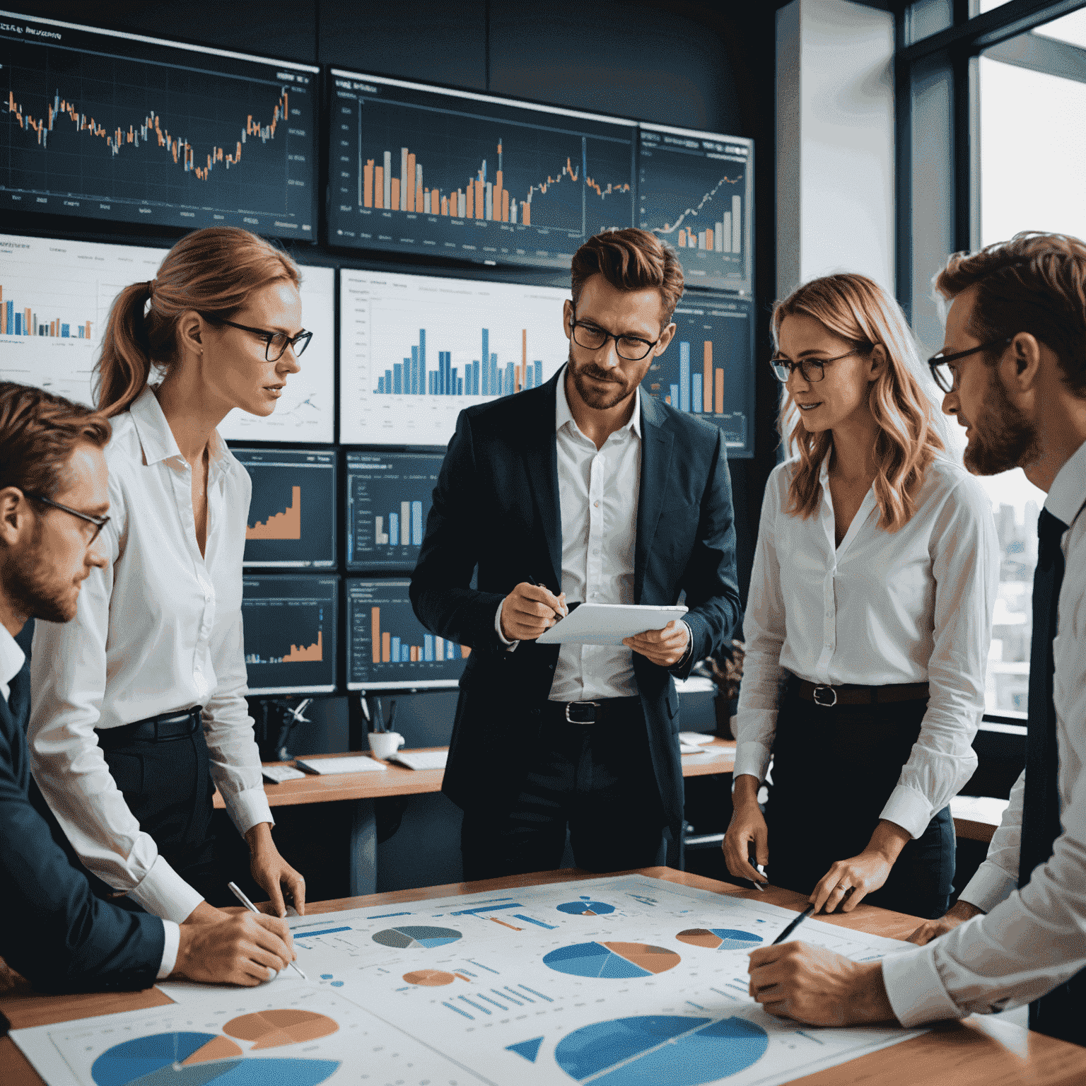 A group of diverse Australian professionals analyzing financial charts and graphs on a large screen in a modern office setting, symbolizing market trend analysis