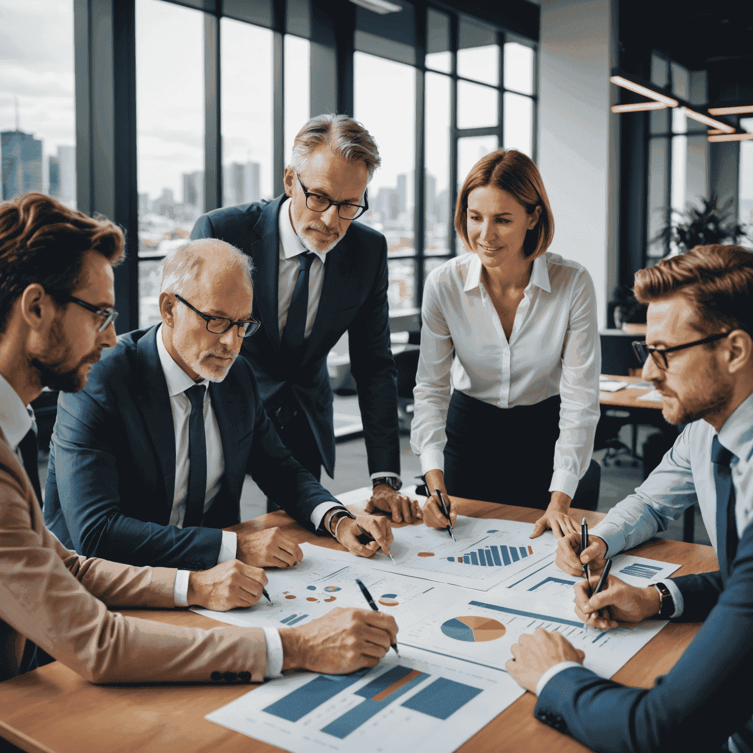 A diverse group of Australian adults reviewing investment charts and graphs in a modern office setting, symbolizing collaborative wealth-building strategies