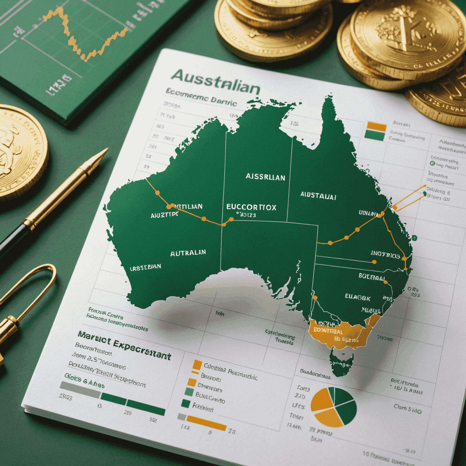 Graph showing Australian economic indicators trending upwards, with key sectors highlighted in gold and emerald green