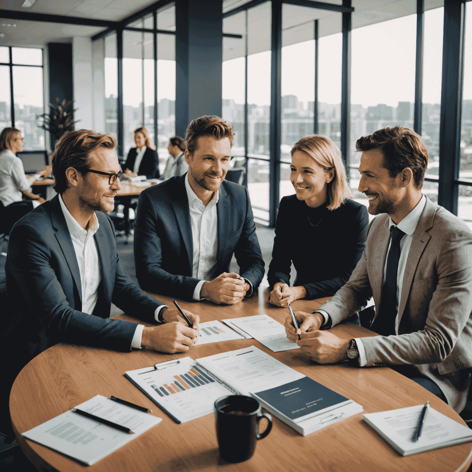 A diverse group of confident Australian adults discussing financial strategies in a modern, well-lit office space. The image conveys a sense of collaboration, expertise, and financial success.