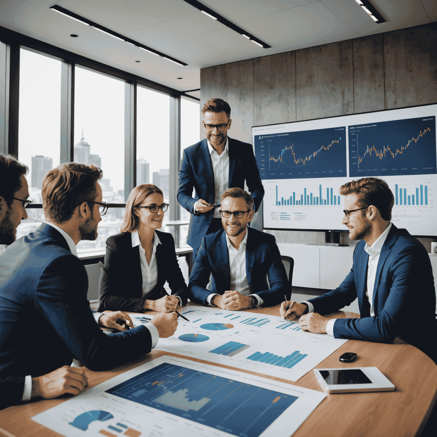Professional financial advisor discussing investment strategies with a diverse group of Australian clients in a modern office setting, showcasing charts and graphs on a large screen