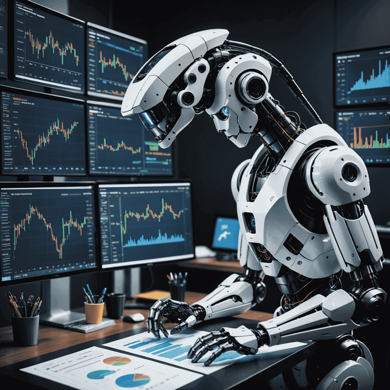 A sophisticated robot arm analyzing financial charts and graphs on multiple screens, symbolizing automated investment solutions and advanced algorithms