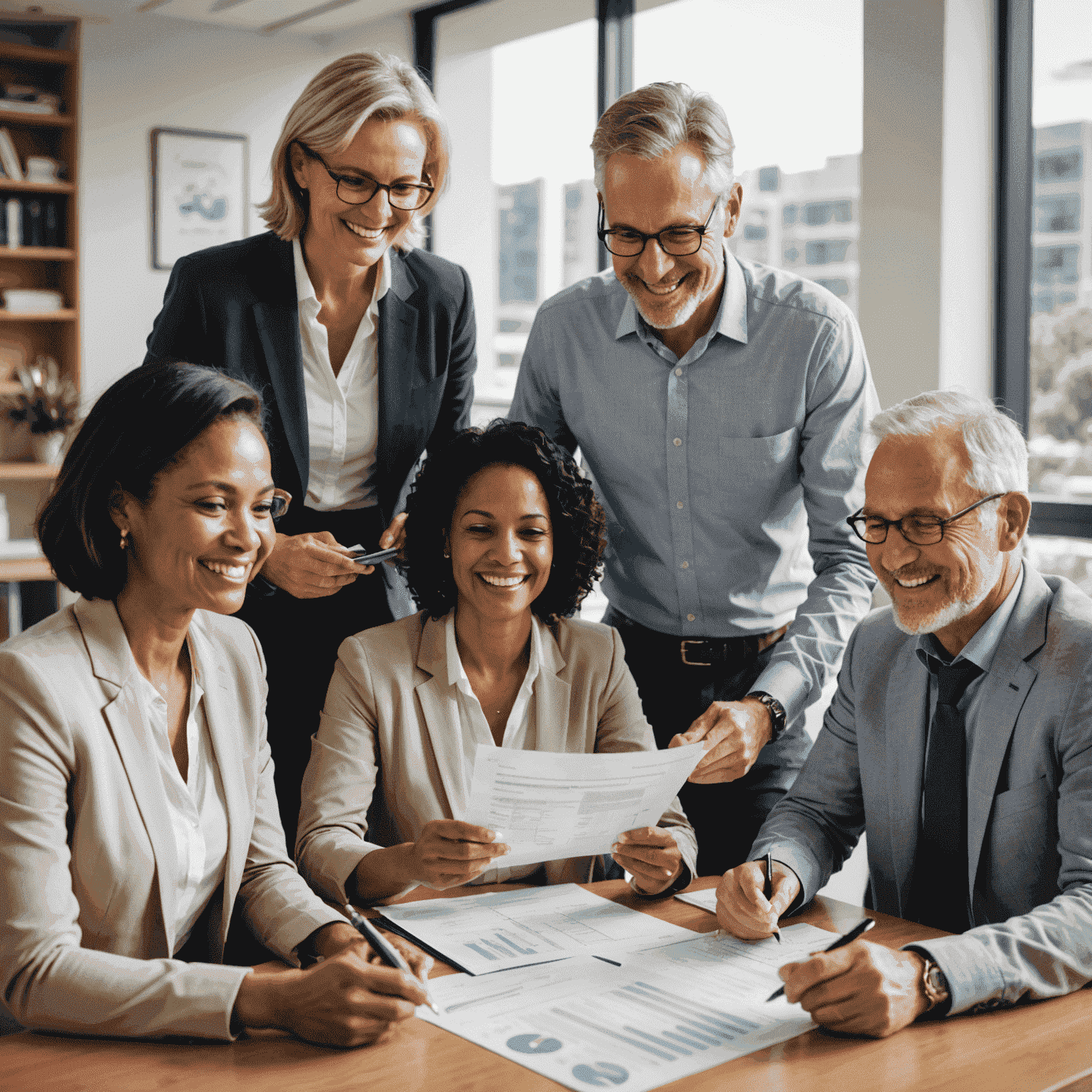 A group of diverse Australian adults in their 40s and 50s, smiling confidently while reviewing financial documents in a modern, sunlit office. The image conveys a sense of financial security and successful retirement planning.