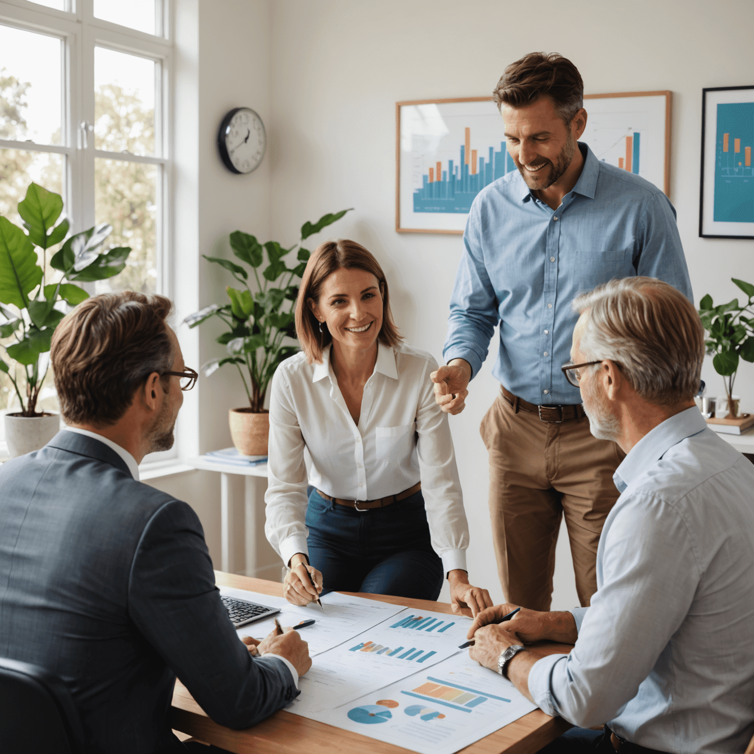 A professional Australian financial advisor explaining tax-efficient investing strategies to a couple in their home office. The advisor is pointing to a chart showing different investment options and their tax implications.