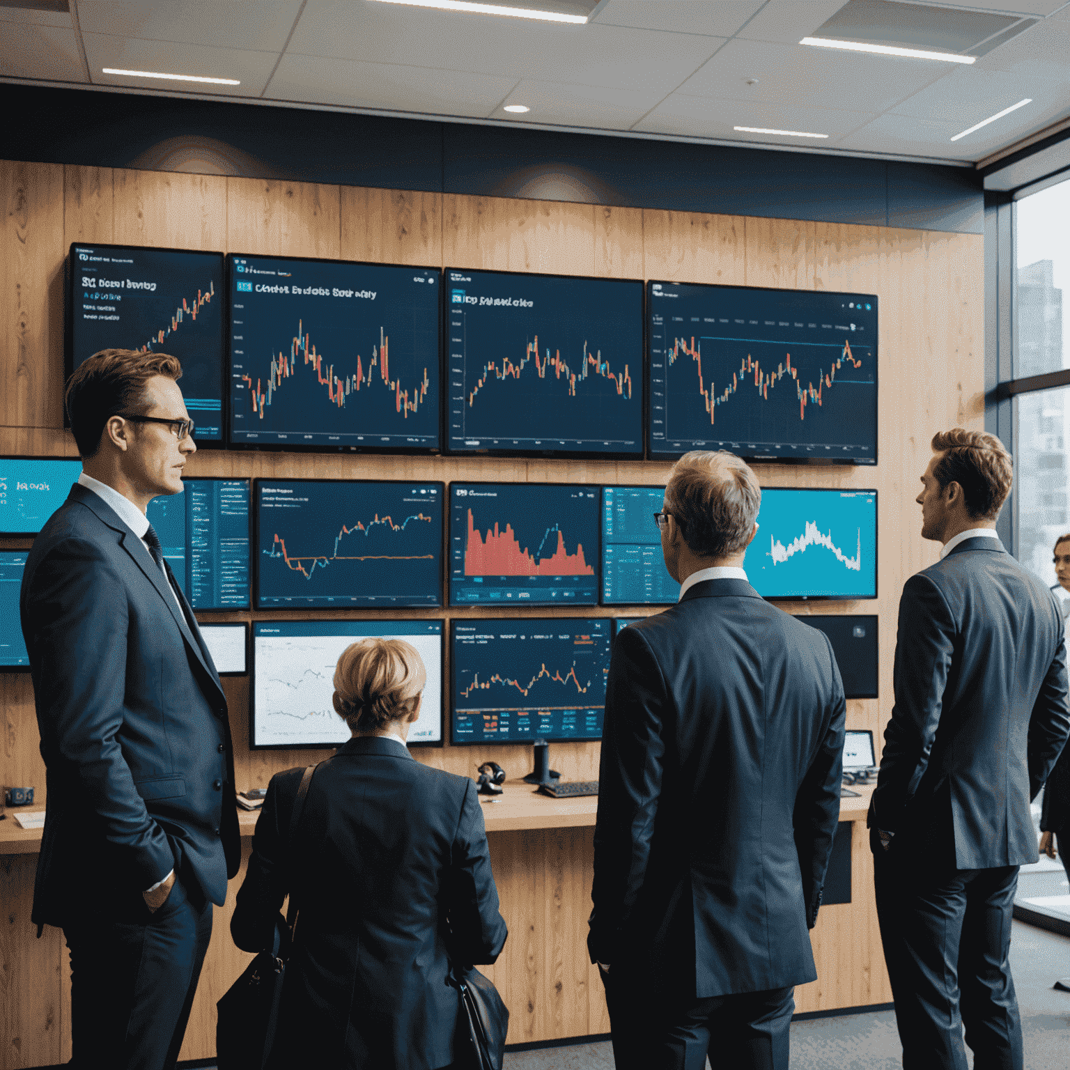A diverse group of Australian investors looking at global market data on large screens in a modern office setting, symbolizing access to international markets