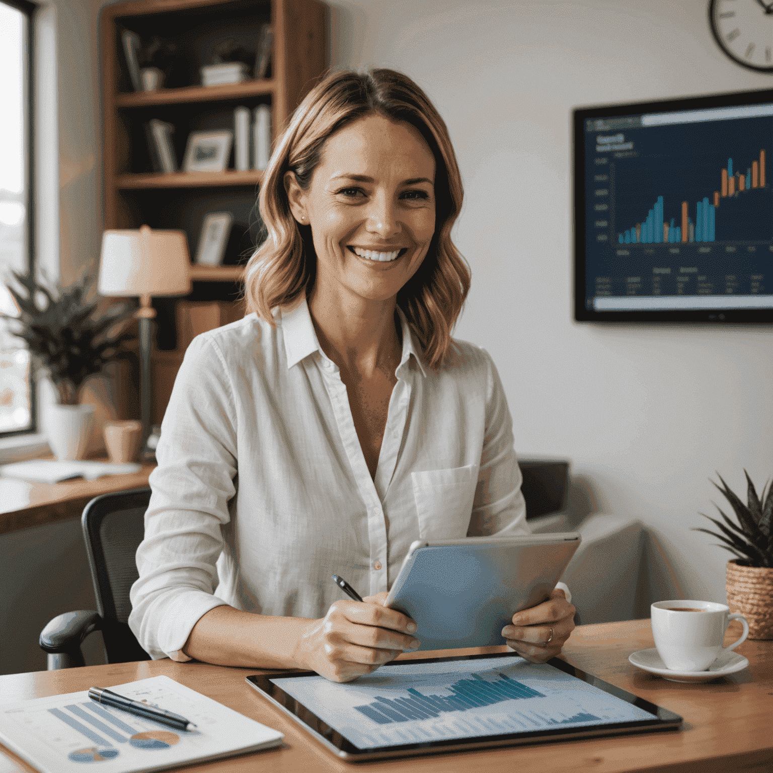 A smiling Australian woman in her 30s using a tablet to check her investment portfolio, sitting in a stylish home office with financial charts visible on a computer screen in the background
