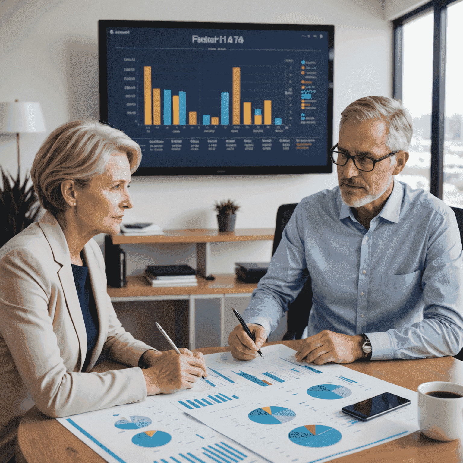 Professional financial advisor discussing investment strategies with a mature Australian couple in a modern office, charts and graphs visible on screens in the background