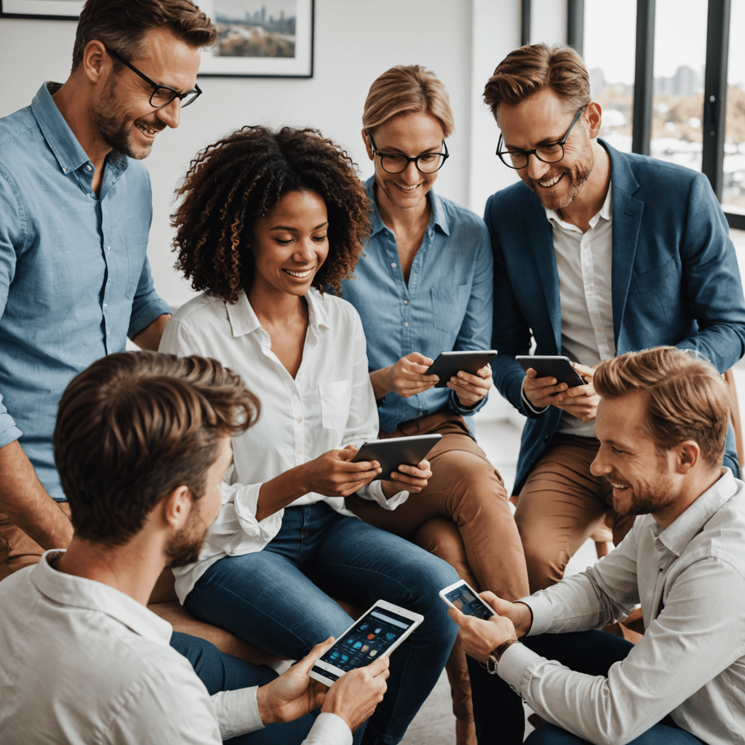 A diverse group of Australian adults reviewing their personalized investment portfolios on tablets and smartphones, showcasing the accessibility of robo-investing