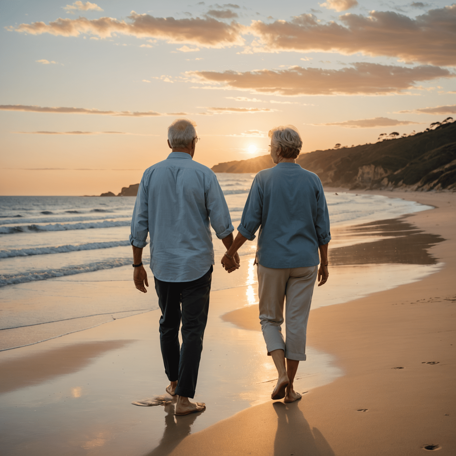 A serene beach scene with a mature Australian couple walking hand in hand at sunset. They appear relaxed and content, symbolizing the peace of mind that comes with a well-planned retirement.