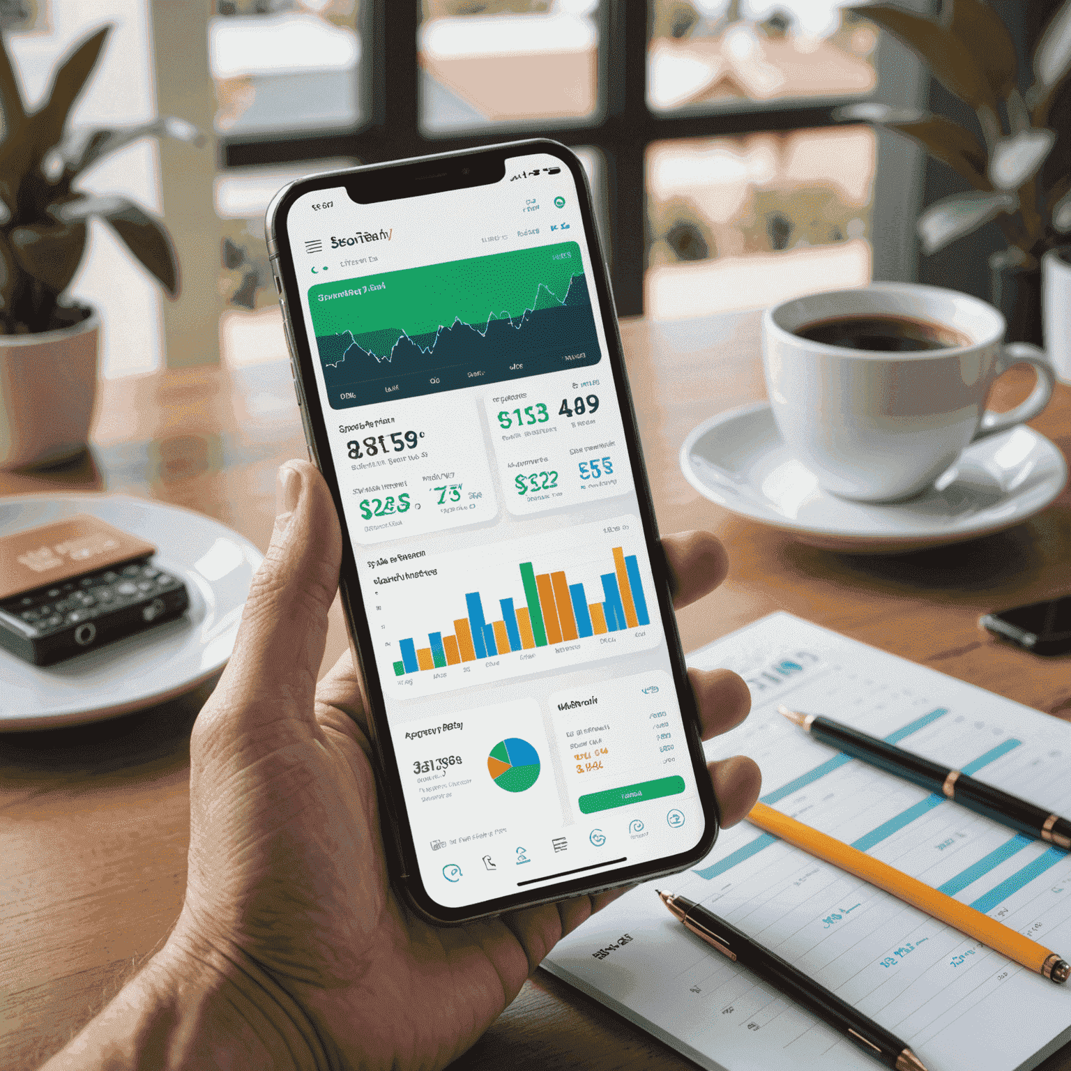 Sleek smartphone displaying a robo-investing app interface with charts and investment options, held by a confident Australian adult in a modern home setting