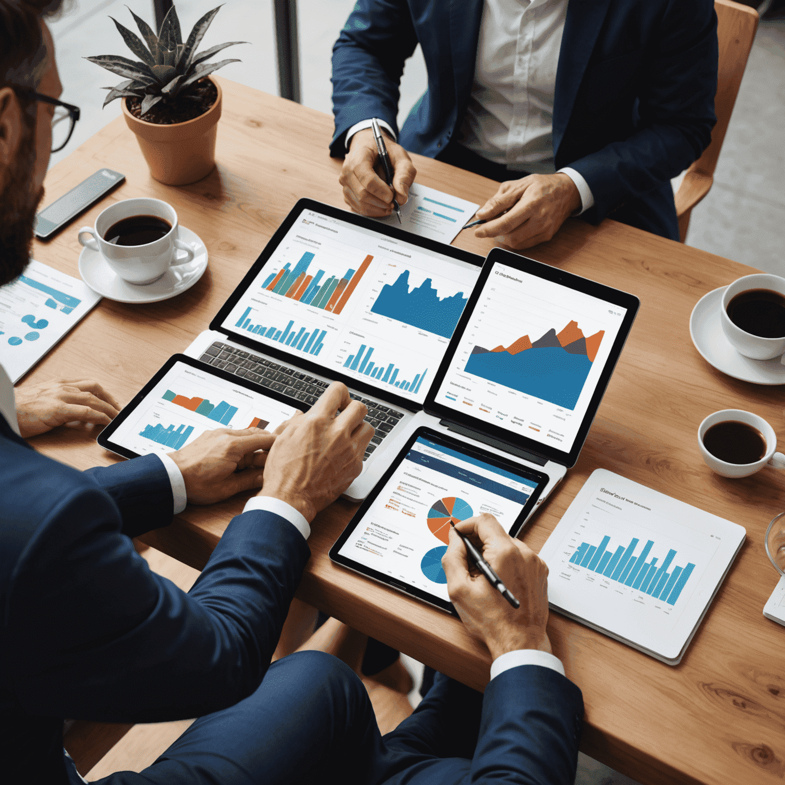 Diverse group of Australians reviewing investment charts and graphs on digital devices