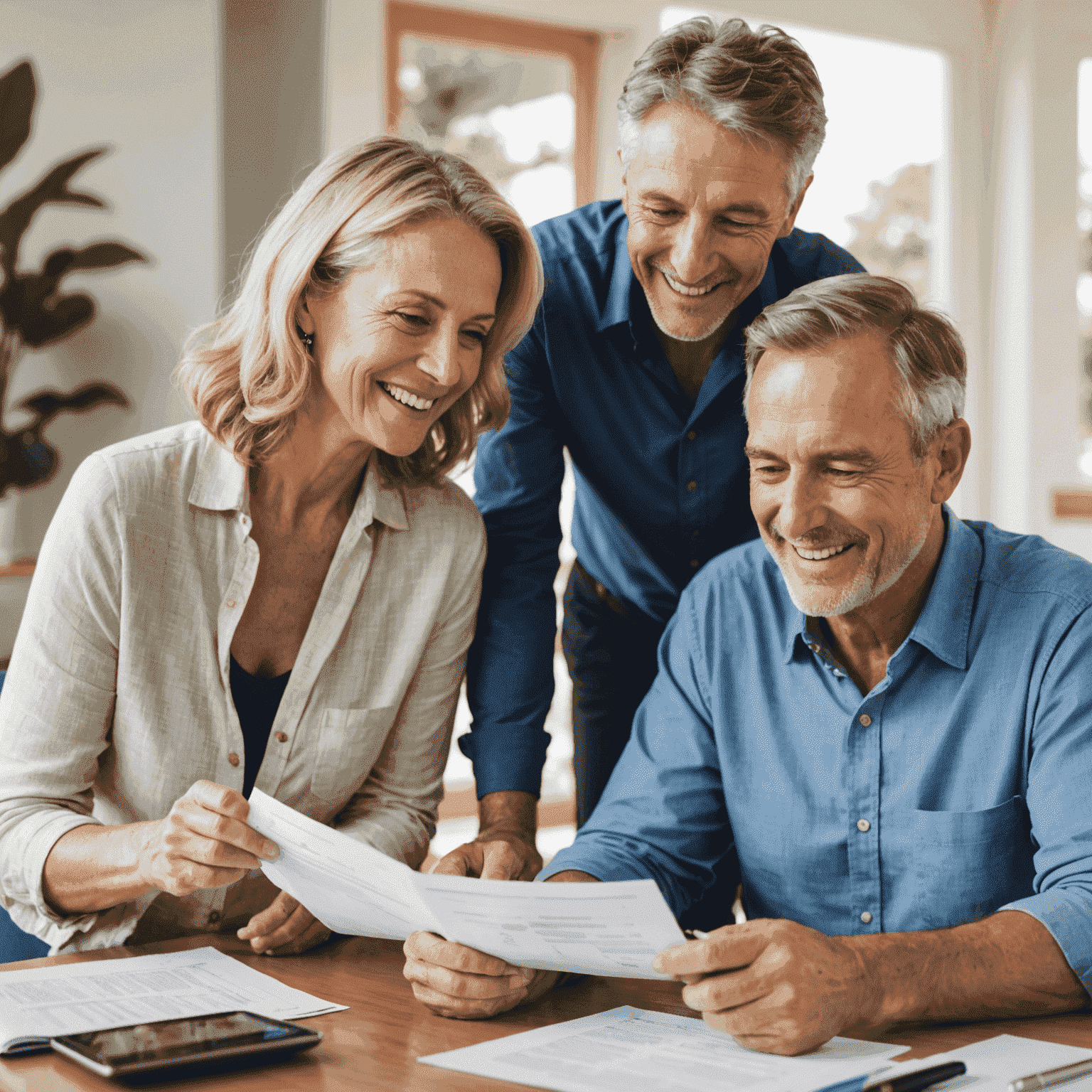 Mature Australian couple reviewing superannuation documents with a financial advisor, smiling confidently as they plan for retirement