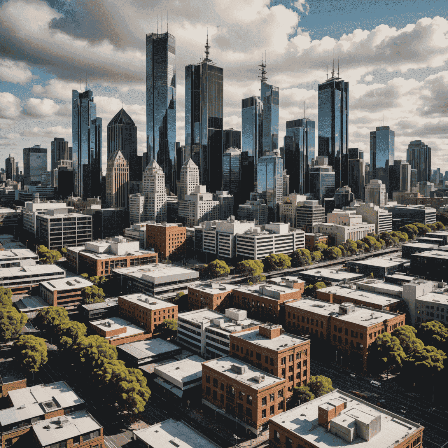 Australian cityscape with financial district and economic indicators overlaid