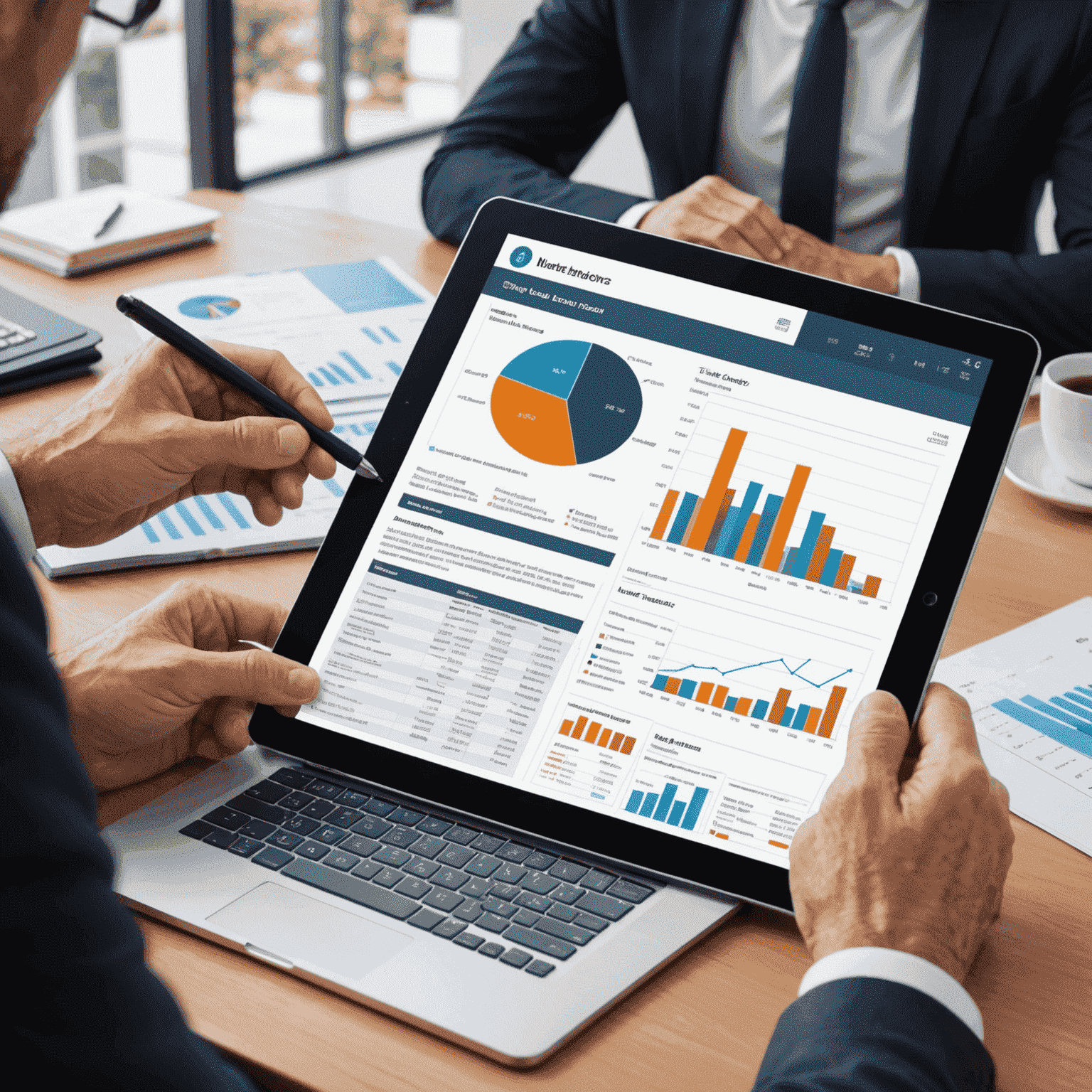 Professional Australian tax advisor explaining tax-efficient investment strategies to a client, using digital charts and graphs on a tablet