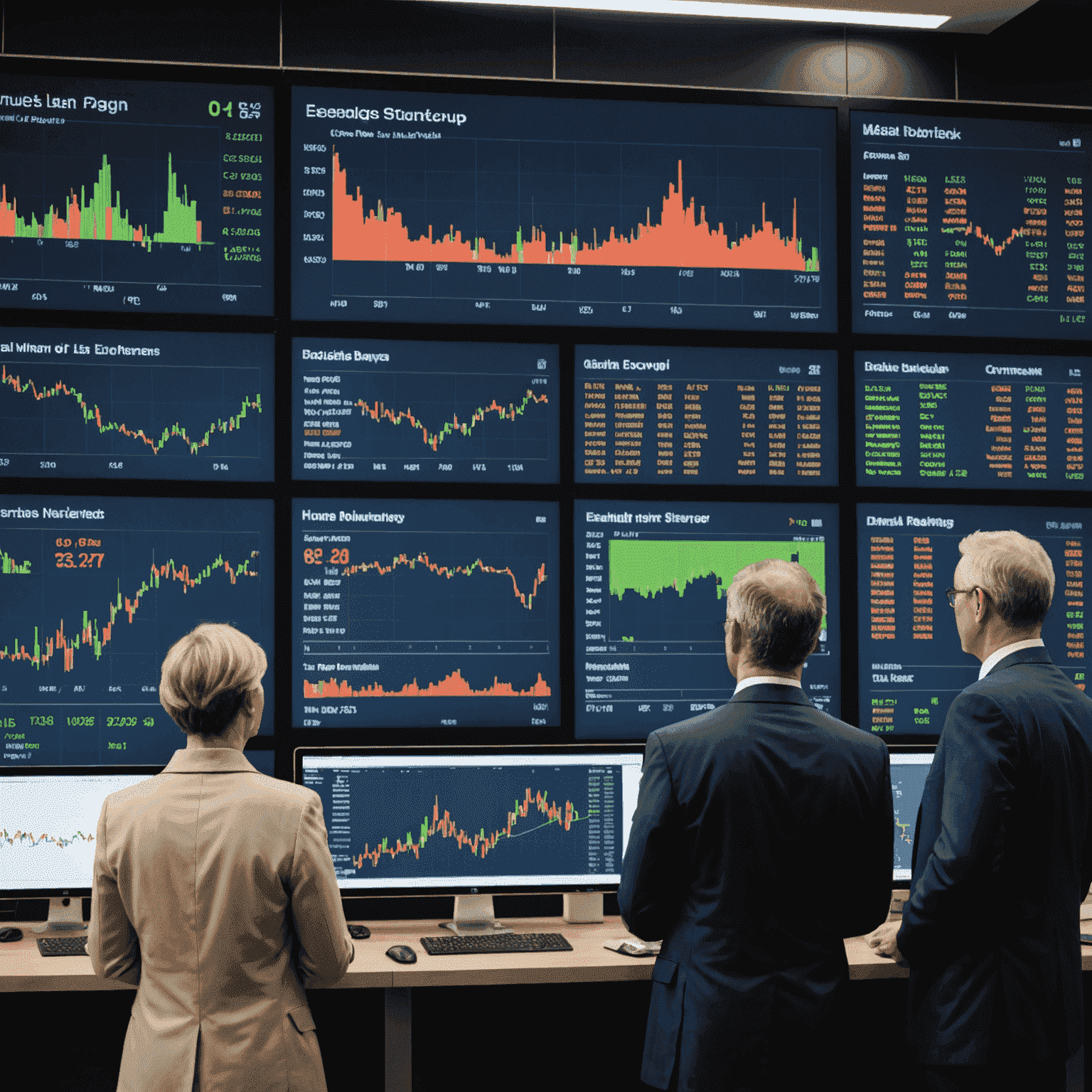 Diverse group of Australian investors looking at a large screen displaying global market data and international stock exchanges